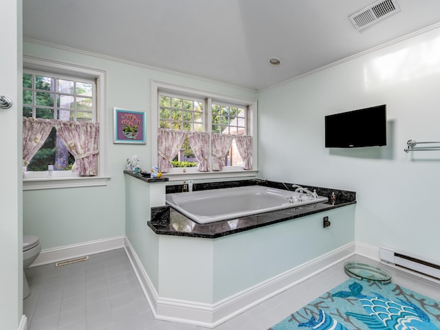 5 Clarks Ln, Old Lyme, CT 06371 - full bathroom with tile patterned flooring, a bath, toilet, a baseboard heating unit, and crown molding