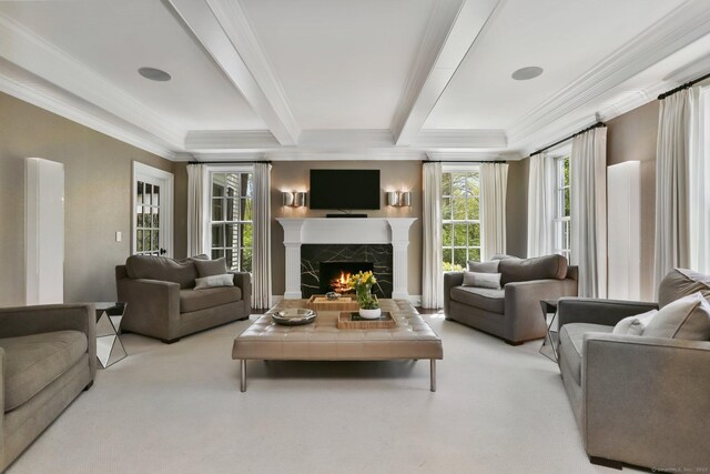 2 Grouse Path, Westport, CT 06880 - living room featuring beam ceiling, carpet flooring, crown molding, and a fireplace
