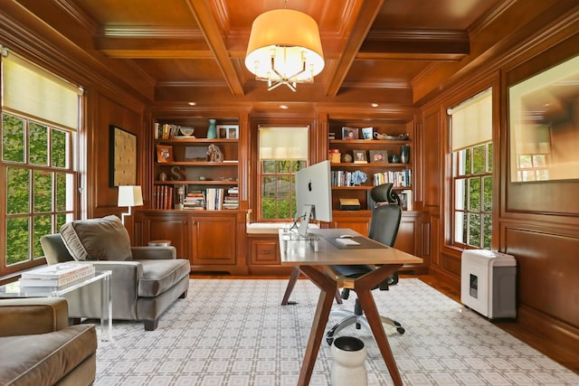 2 Grouse Path, Westport, CT 06880 - office area featuring ornamental molding, wooden ceiling, built in features, plenty of natural light, and wooden walls