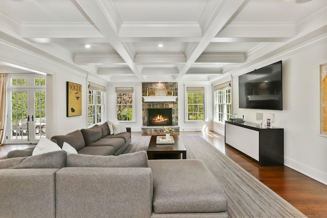 2 Grouse Path, Westport, CT 06880 - living room with dark wood finished floors, beamed ceiling, ornamental molding, a fireplace, and recessed lighting