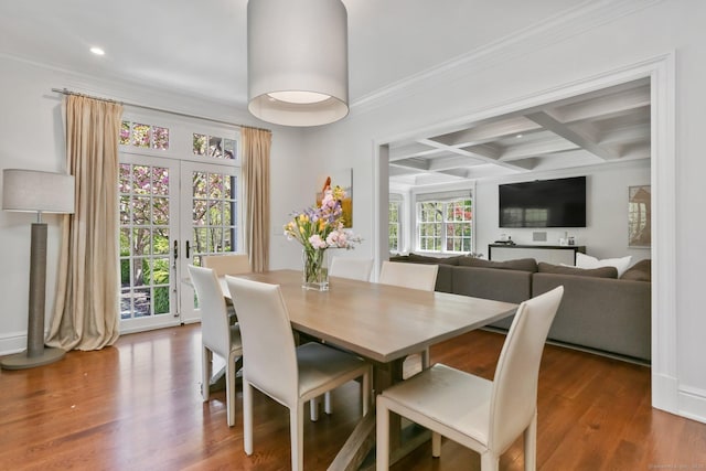 2 Grouse Path, Westport, CT 06880 - dining area with ornamental molding, coffered ceiling, recessed lighting, wood finished floors, and french doors