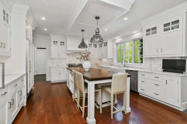2 Grouse Path, Westport, CT 06880 - kitchen featuring stainless steel dishwasher, white cabinets, tasteful backsplash, dark wood-type flooring, and recessed lighting