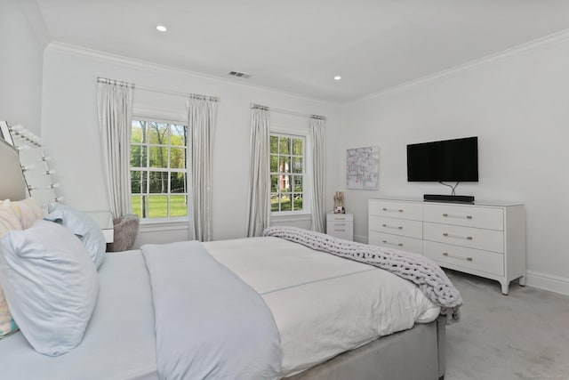 2 Grouse Path, Westport, CT 06880 - bedroom with ornamental molding, light colored carpet, baseboards, and recessed lighting