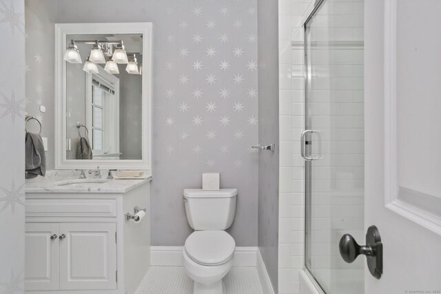 2 Grouse Path, Westport, CT 06880 - full bath featuring toilet, vanity, wallpapered walls, shower / bath combination with glass door, and tile patterned flooring