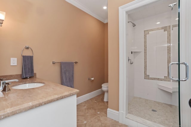 2 Grouse Path, Westport, CT 06880 - full bath with crown molding, a stall shower, toilet, tile patterned floors, and baseboards