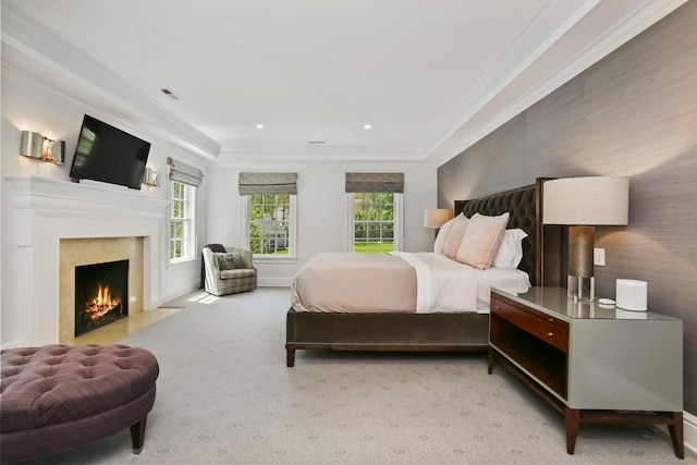 2 Grouse Path, Westport, CT 06880 - bedroom with crown molding, a high end fireplace, carpet, and recessed lighting