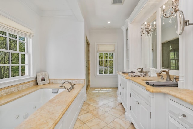 2 Grouse Path, Westport, CT 06880 - bathroom with ornamental molding, double vanity, a jetted tub, tile patterned floors, and a stall shower