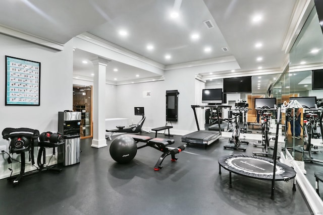 2 Grouse Path, Westport, CT 06880 - gym featuring ornate columns, crown molding, and baseboards