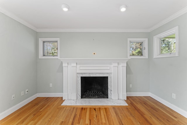 unfurnished living room with crown molding, baseboards, wood finished floors, and a fireplace