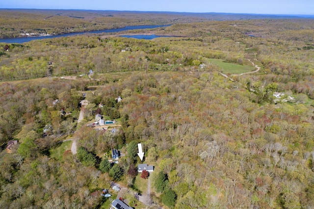 aerial view featuring a water view and a wooded view