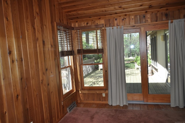 doorway with wood walls and a wealth of natural light