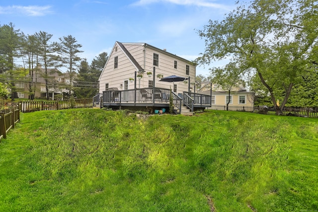 back of property with a fenced backyard and a deck