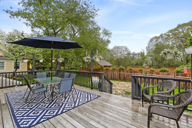 deck featuring a fenced backyard and outdoor dining space