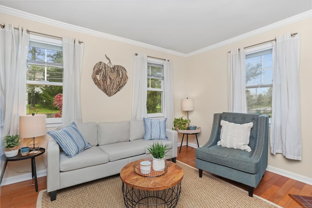 living area featuring healthy amount of natural light, ornamental molding, wood finished floors, and baseboards