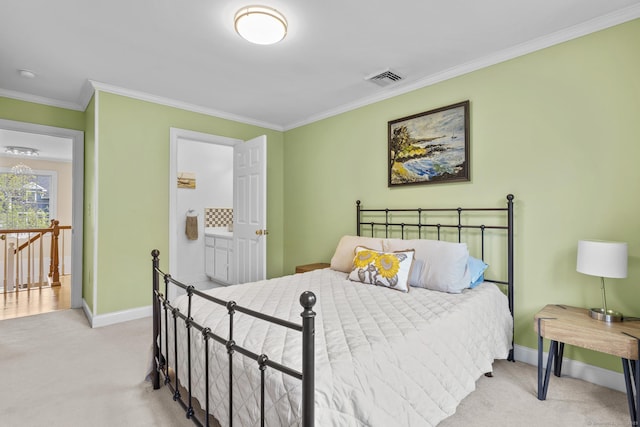 bedroom with baseboards, light carpet, visible vents, and crown molding