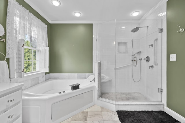 bathroom featuring a bath, a stall shower, ornamental molding, and recessed lighting