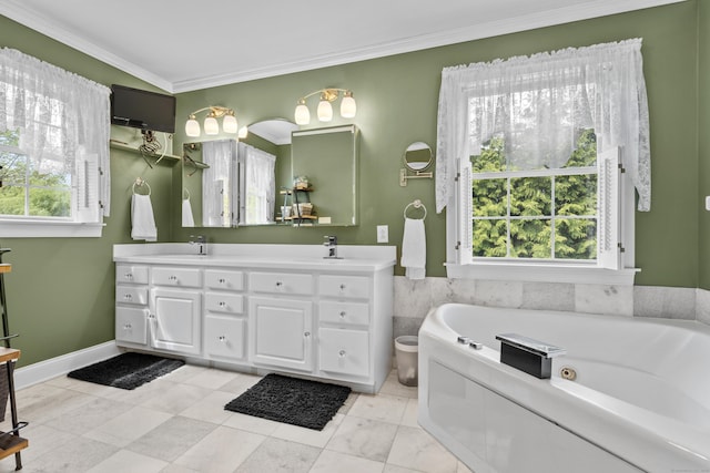 bathroom featuring a sink, double vanity, ornamental molding, and a bath