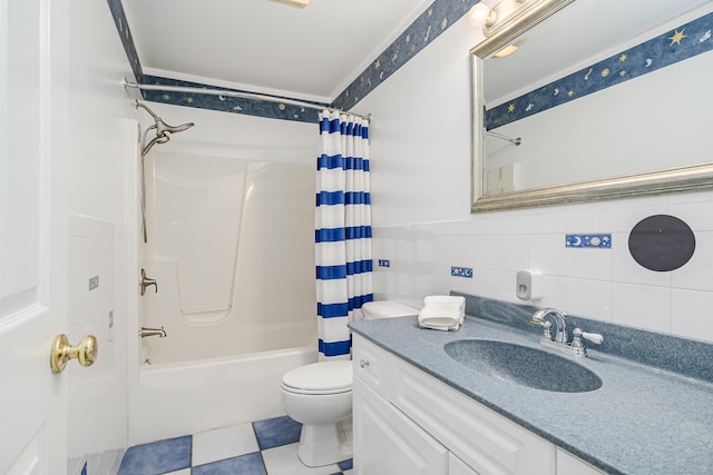 127 Hanover Rd, Newtown, CT 06470 - bathroom with tile walls, toilet, vanity, and shower / bathtub combination with curtain