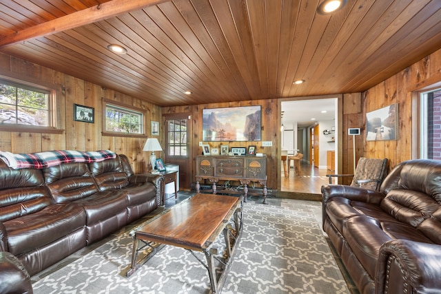 161 Center Hill Rd, Barkhamsted, CT 06063 - living room with wood walls, wood ceiling, and recessed lighting
