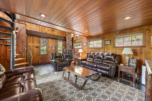 161 Center Hill Rd, Barkhamsted, CT 06063 - living room featuring wooden ceiling, stairway, wooden walls, recessed lighting, and stone finish floors