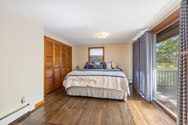 161 Center Hill Rd, Barkhamsted, CT 06063 - bedroom featuring a baseboard radiator, access to exterior, wood finished floors, and a closet