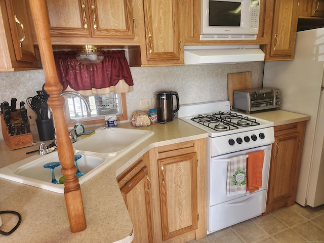 42 Pierce Rd, Preston, CT 06365 - kitchen featuring white appliances, a sink, light countertops, range hood, and tasteful backsplash