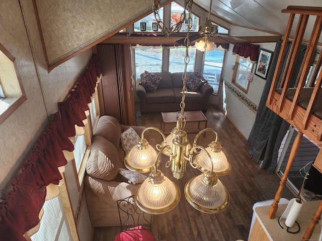 42 Pierce Rd, Preston, CT 06365 - living area featuring wood finished floors, lofted ceiling, wallpapered walls, and a ceiling fan