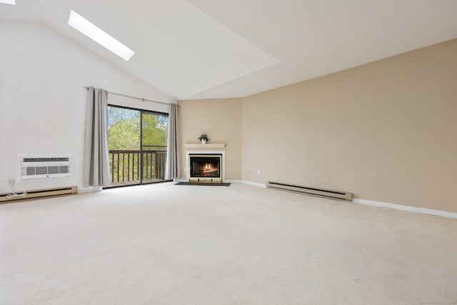 97 Richards Ave Apt F5, Norwalk, CT 06854 - unfurnished living room featuring carpet flooring, an AC wall unit, a skylight, and a baseboard radiator