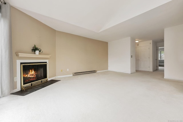 97 Richards Ave Apt F5, Norwalk, CT 06854 - unfurnished living room featuring light colored carpet, a fireplace with flush hearth, lofted ceiling, and a baseboard heating unit
