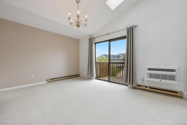 97 Richards Ave Apt F5, Norwalk, CT 06854 - spare room featuring a notable chandelier, carpet floors, an AC wall unit, a baseboard radiator, and a skylight