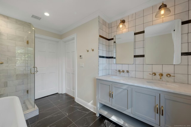 full bathroom with visible vents, crown molding, a stall shower, a sink, and marble finish floor