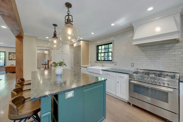 175 Lake Ave, Greenwich, CT 06830 - kitchen with stainless steel range, custom range hood, a sink, crown molding, and healthy amount of natural light