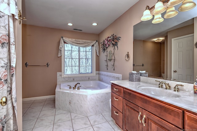 bathroom featuring vanity, tile patterned floors, recessed lighting, visible vents, and a bath