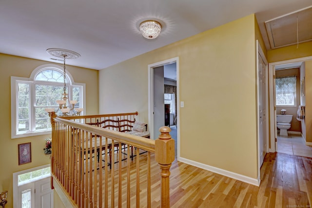 hall with plenty of natural light, attic access, light wood finished floors, and an upstairs landing