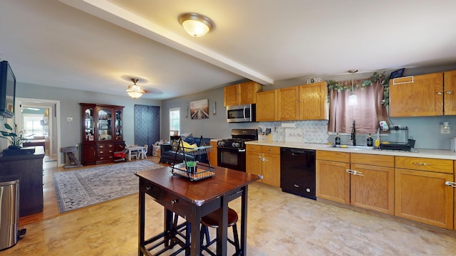 kitchen featuring black appliances, light countertops, brown cabinetry, beamed ceiling, and a sink