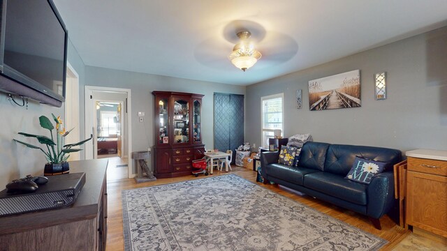 living room with a ceiling fan and light wood-type flooring