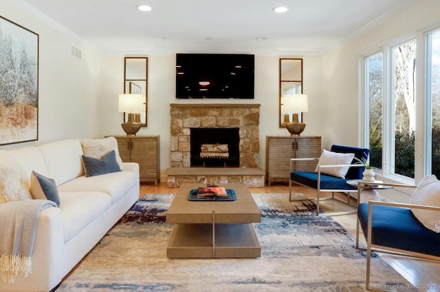 81 Silver Hill Rd, Ridgefield, CT 06877 - living area with visible vents, crown molding, wood finished floors, and a stone fireplace