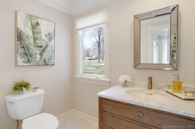 81 Silver Hill Rd, Ridgefield, CT 06877 - half bathroom featuring crown molding, toilet, baseboards, and vanity