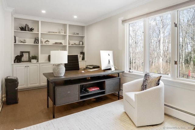 81 Silver Hill Rd, Ridgefield, CT 06877 - office space featuring crown molding, recessed lighting, a baseboard heating unit, and wood finished floors