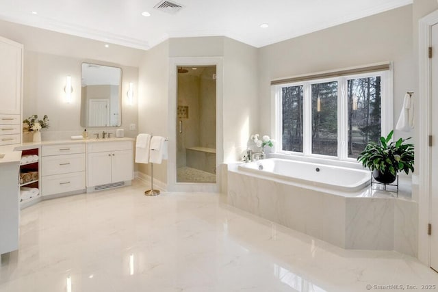 81 Silver Hill Rd, Ridgefield, CT 06877 - bathroom with marble finish floor, visible vents, ornamental molding, a bath, and a stall shower