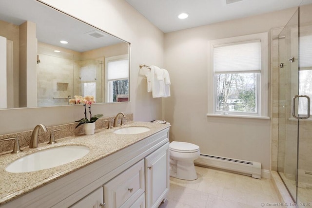 81 Silver Hill Rd, Ridgefield, CT 06877 - bathroom featuring a sink, a stall shower, and baseboard heating