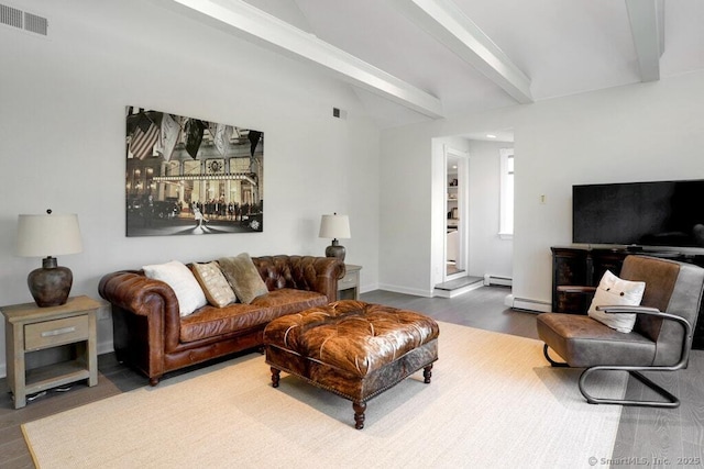 81 Silver Hill Rd, Ridgefield, CT 06877 - living area featuring baseboard heating, wood finished floors, a baseboard radiator, beamed ceiling, and visible vents