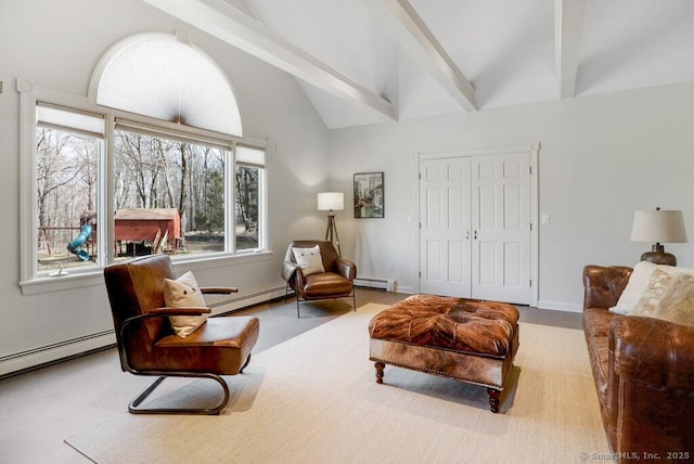 81 Silver Hill Rd, Ridgefield, CT 06877 - sitting room featuring vaulted ceiling with beams, a baseboard radiator, and a baseboard heating unit