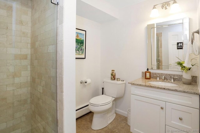 81 Silver Hill Rd, Ridgefield, CT 06877 - bathroom with baseboard heating, a tile shower, tile patterned floors, vanity, and toilet
