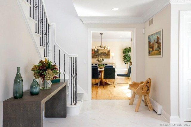 81 Silver Hill Rd, Ridgefield, CT 06877 - hall with marble finish floor, recessed lighting, visible vents, ornamental molding, and stairway