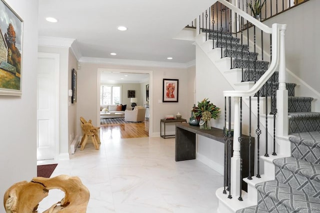 81 Silver Hill Rd, Ridgefield, CT 06877 - foyer featuring stairs, recessed lighting, crown molding, and baseboards
