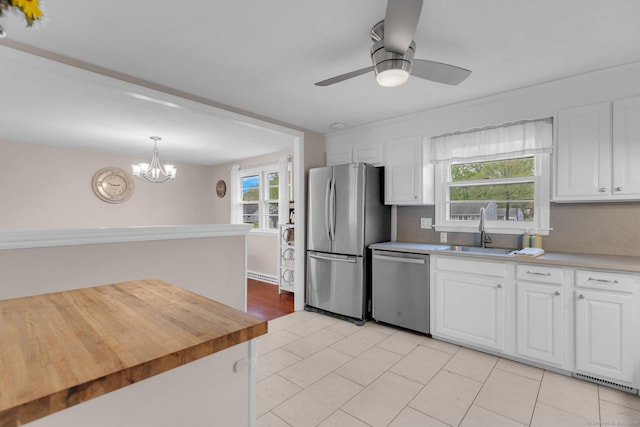kitchen with appliances with stainless steel finishes, a sink, plenty of natural light, and white cabinetry