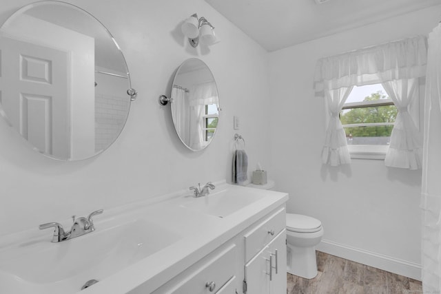 bathroom with wood finished floors, toilet, double vanity, and baseboards