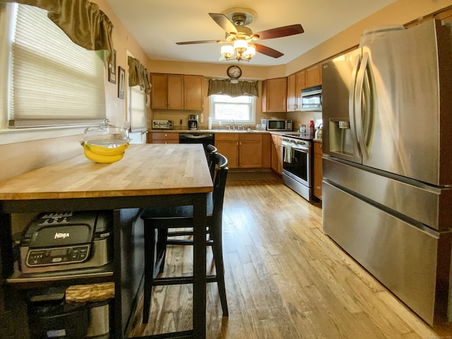 456 Main St, West Haven, CT 06516 - kitchen featuring stainless steel appliances, ceiling fan, light wood-type flooring, brown cabinetry, and butcher block countertops