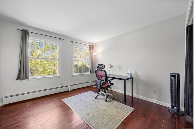 1343 Baldwin Hill Rd, Ledyard, CT 06335 - office featuring a baseboard radiator, dark wood-style flooring, and baseboards